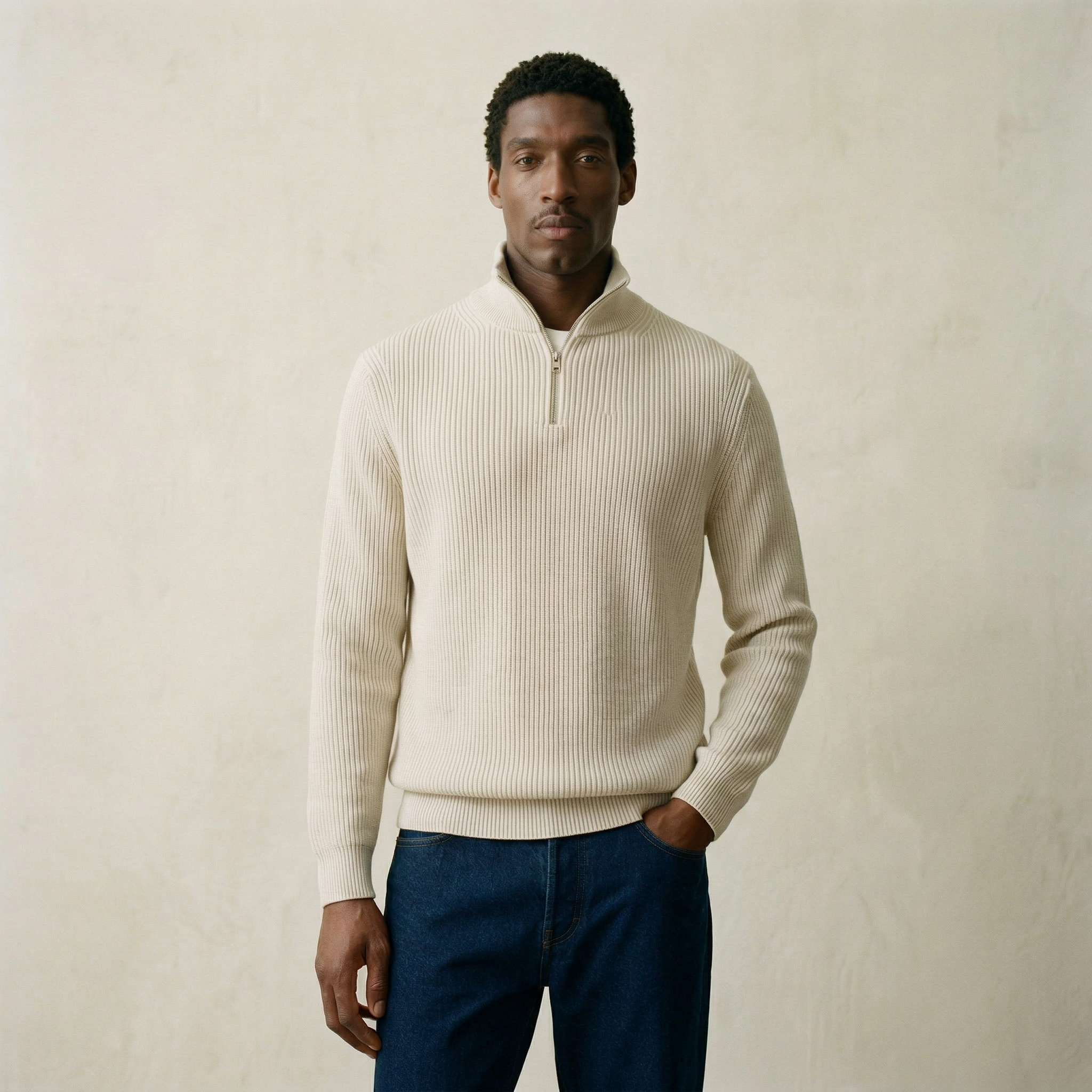Morelia Pearl‑Knit Zipped Sweater-Ribbed Half‑Zip Winter Knitwear